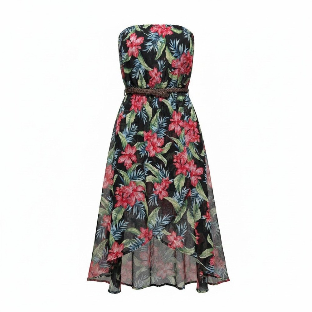 Tube Dress Isis Small Women Black Good Tropical Floral High-Low Belted